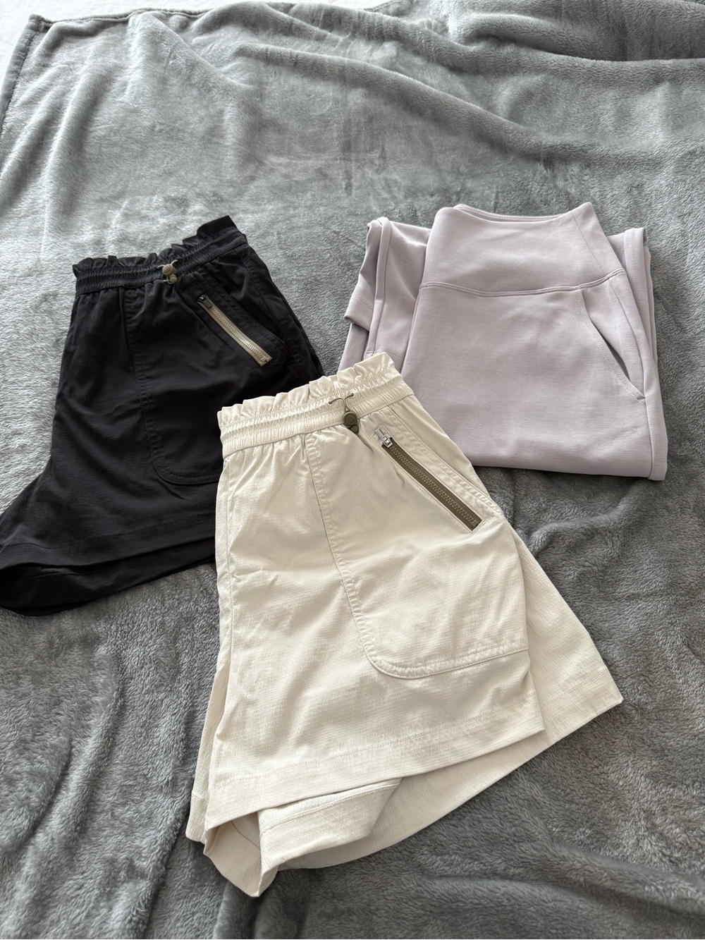Athleta black and cream shorts and gray/lavender crops